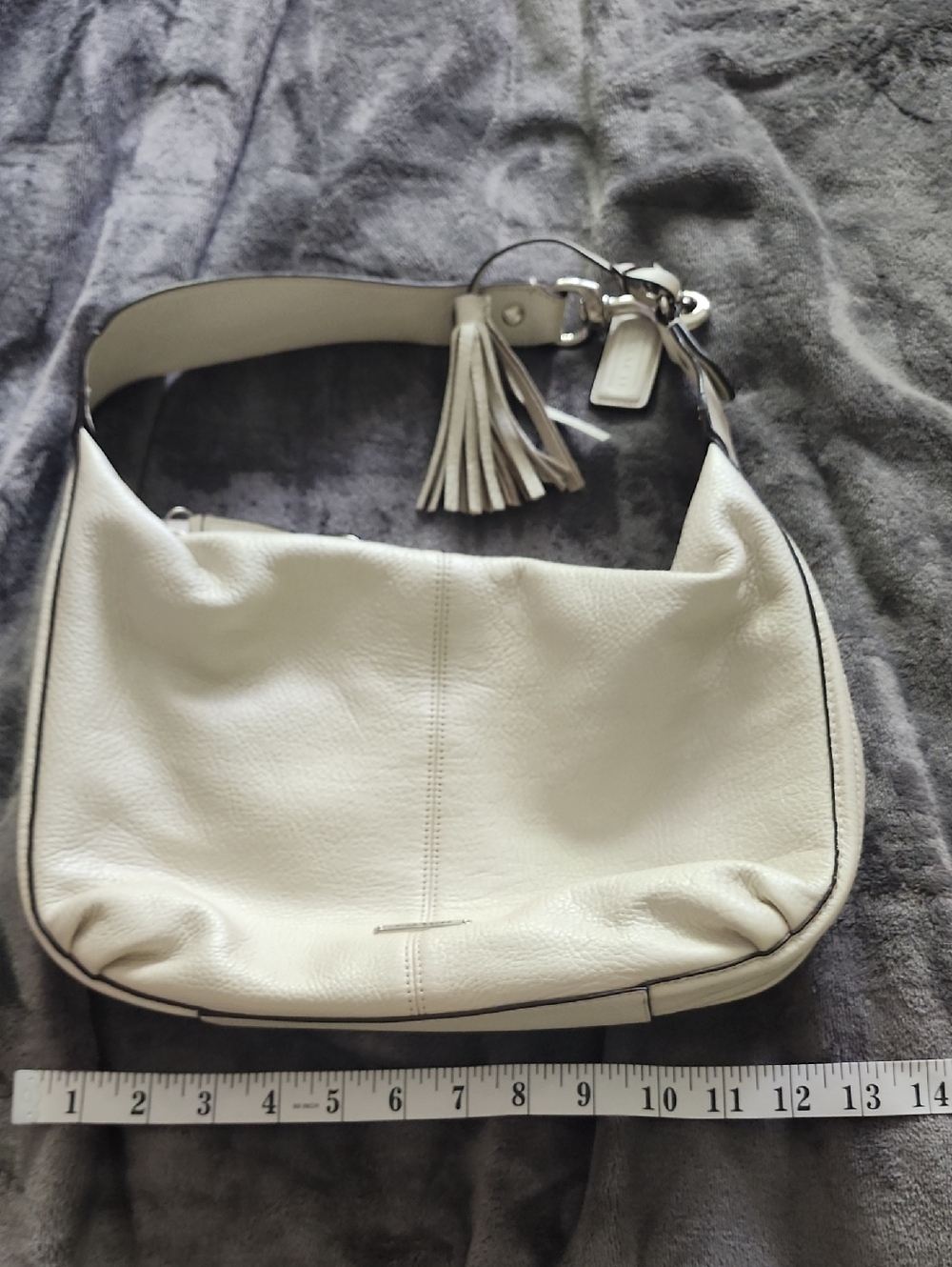 Coach Cream Leather Shoulder Bag with Tassel Avery Pearl White